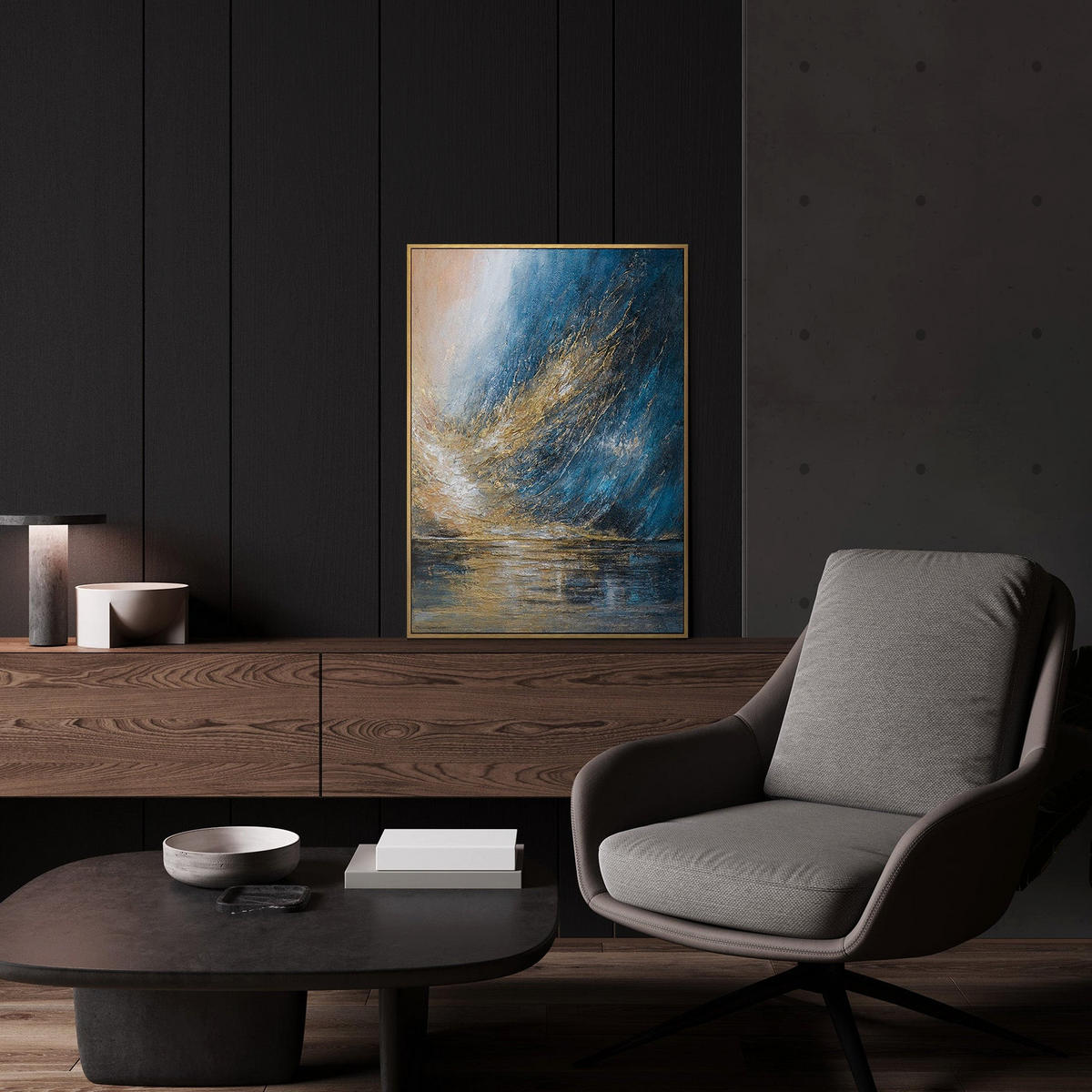 GEMÄLDE Feuersturm Schattenfugenrahmen Schwarz-Gold 70x50 cm - Schwarz Hochglanz, Holz (70/50cm) - YS-art gallery