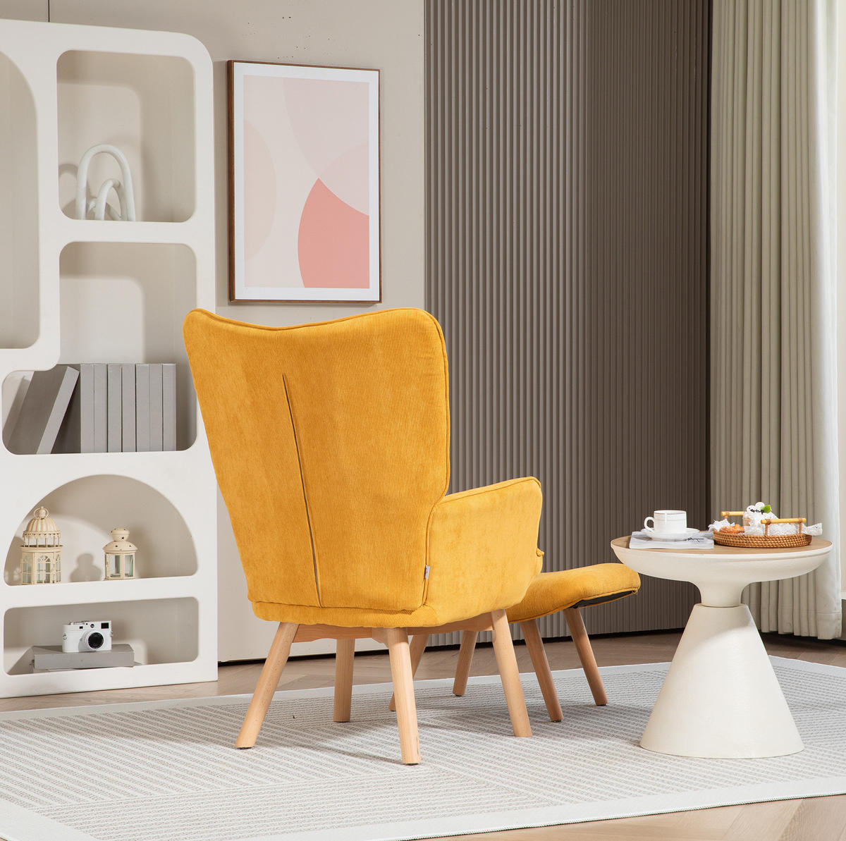 OHRENSESSEL mit Hocker 72/80/101 cm in Orange mit Buchenholzbeinen - Orange, Textil (72/101/80cm) - Flora Grace