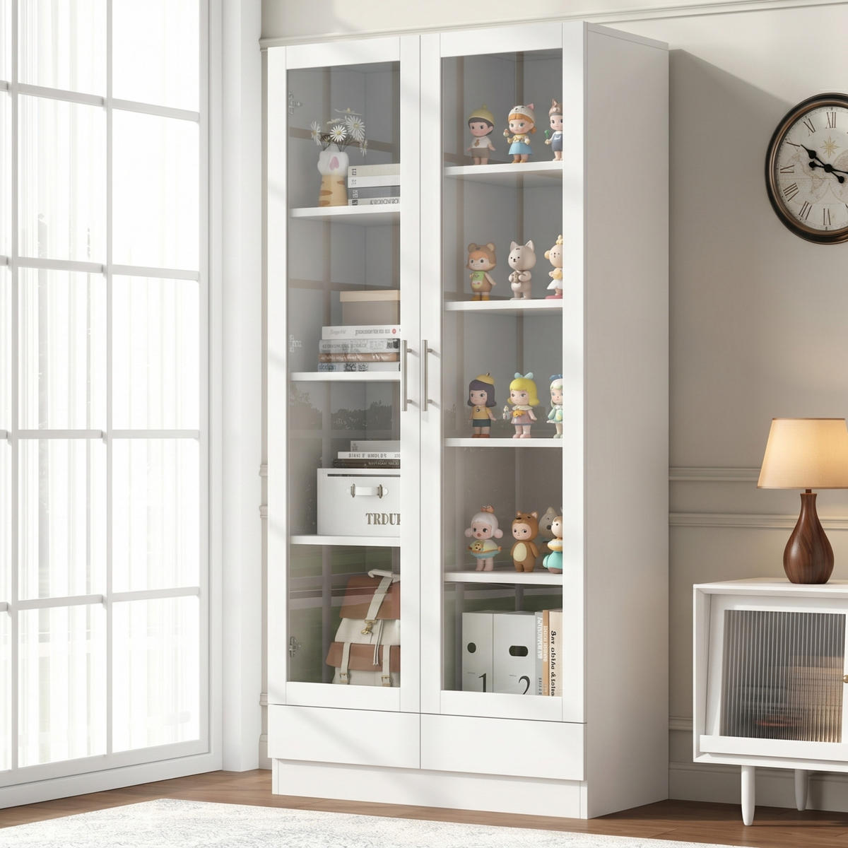 VITRINE in Weiß mit Schubladen und Glastüren für Wohnzimmer und Büro, B80/T40/H160 cm - Weiß, Glas/Holzwerkstoff (80/160/40cm) - STILVORA