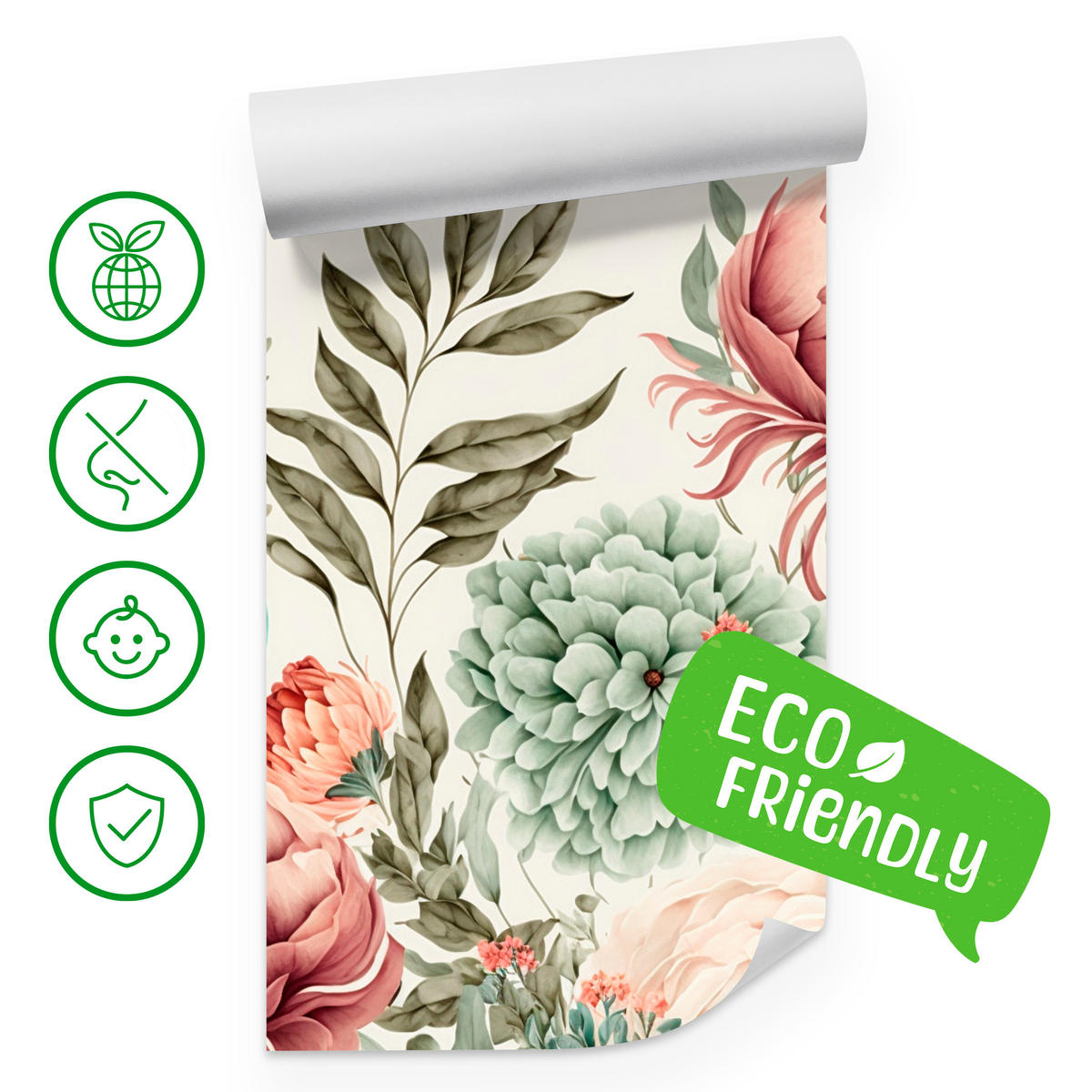 FOTOTAPETA Pre Spálňu Pastelové Pivonky Kvety Listy 200 x 140 cm - modrá/zelená, papier (200/140cm) - Muralo