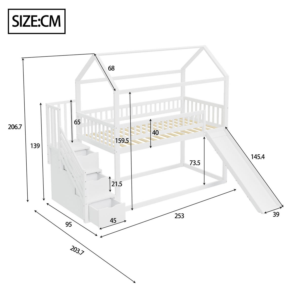 HOCHBETT 90/200 cm mit Rutsche und Stauraumleiter, Massivholz, Weiß - Weiß, Holz (90/200cm) - OKWISH