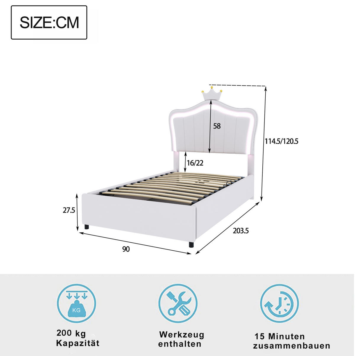 KINDEREINZELBETTEN aus Kunstleder 90x200 cm in Weiß mit LED-Beleuchtung - Weiß, Leder (90/200cm) - Modfu