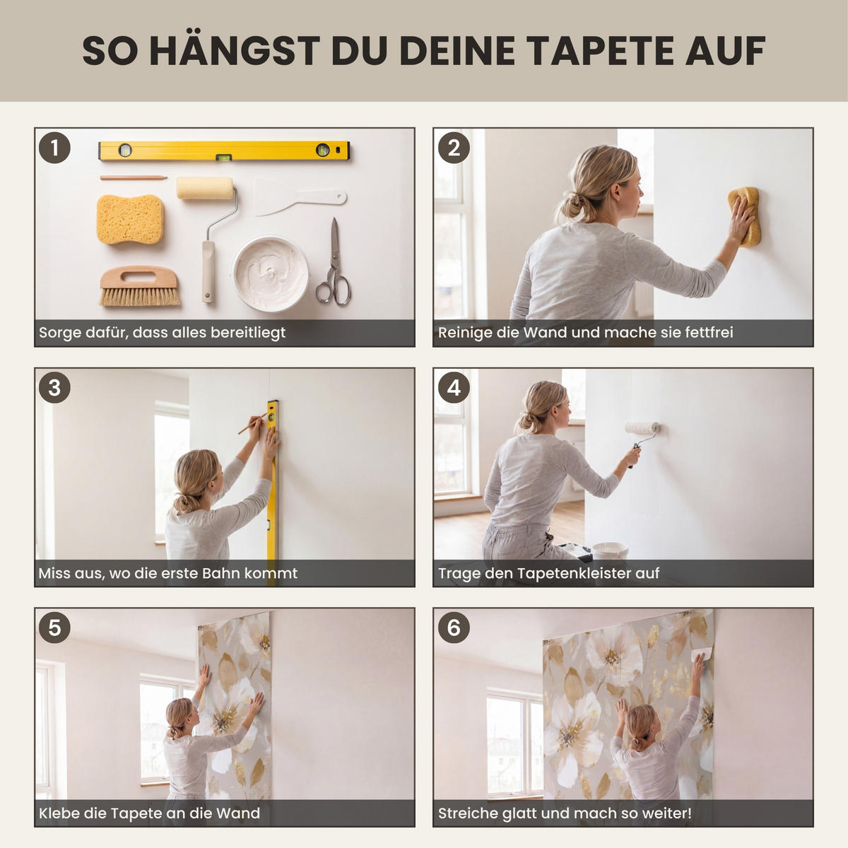 TAPETE - Blumen - künstlerisch - Gold - 300x200 cm - Beige, Papier (300/200cm) - OnlyWow