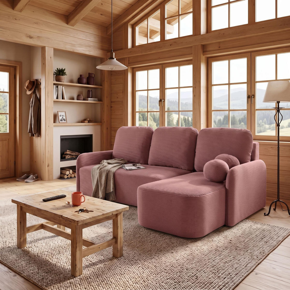 ECKSOFA CASPER L Rechts mit Schlaffunktion 132x198 Cord Rosa - Pink/Schwarz, Holz/Kunststoff (145/217cm) - NACANAPA