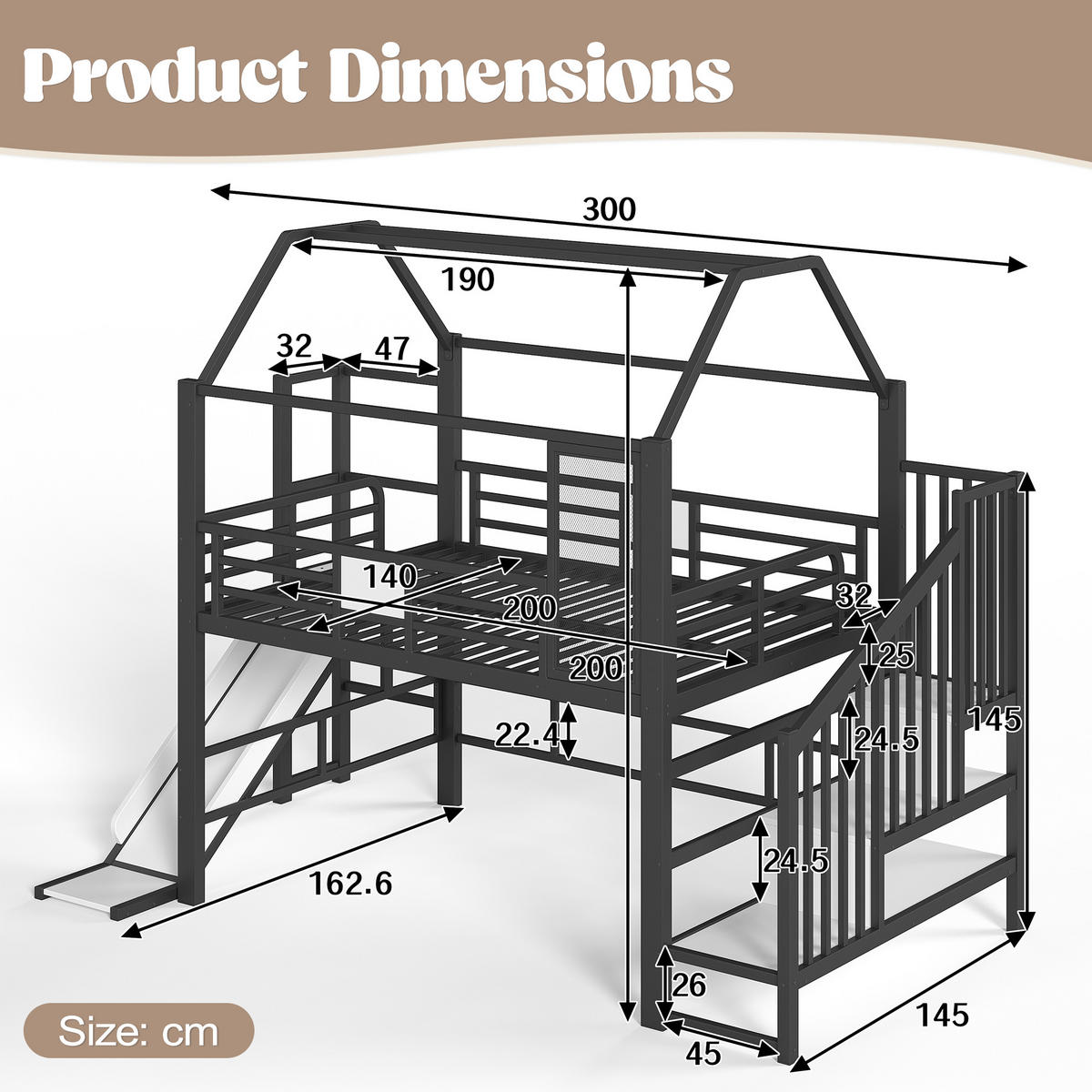 HOCHBETT 140/200cm mit Rutsche, LED/Treppe, Metall, Schwarz - Schwarz, Metall (140/200cm) - LVHOM