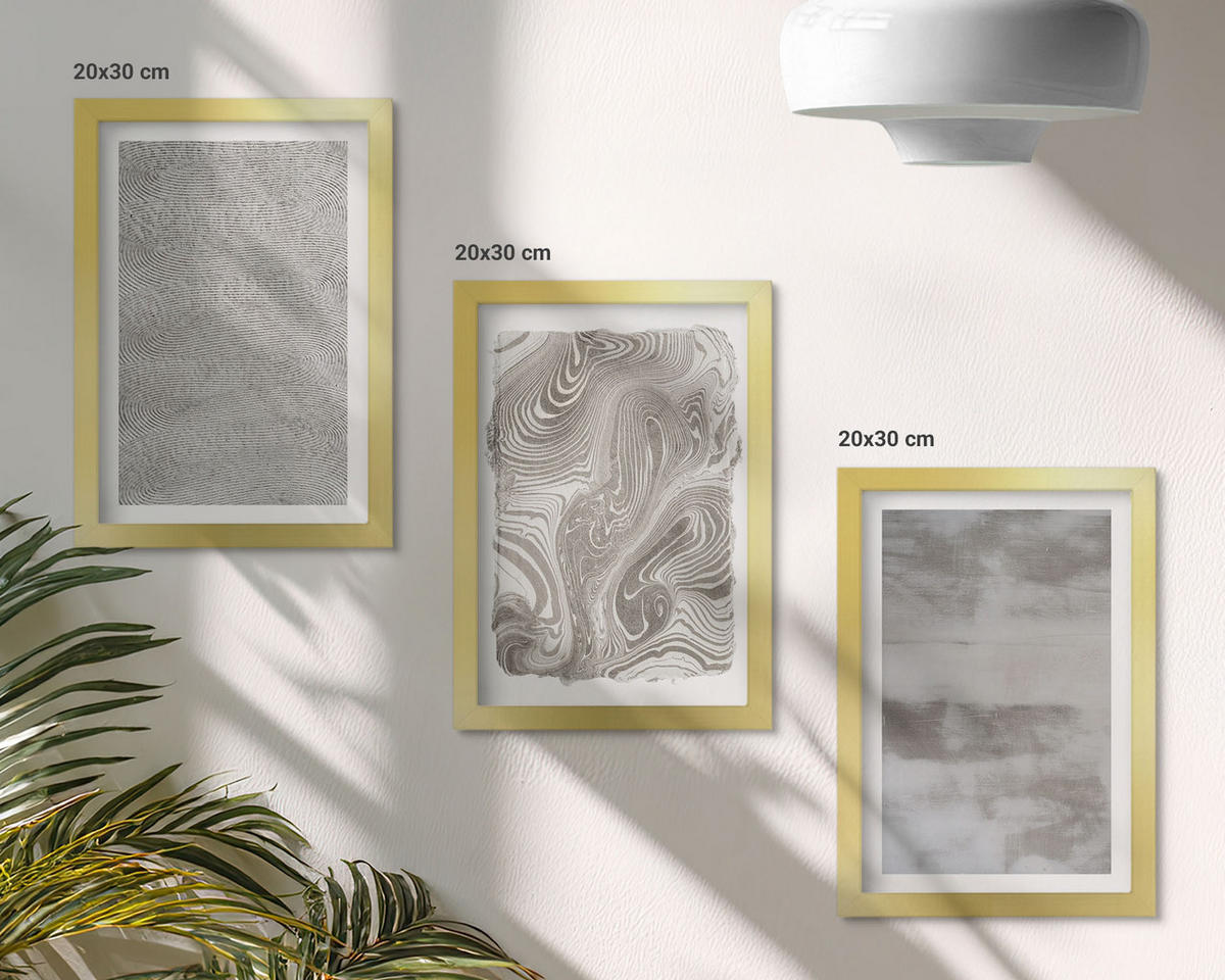 BILDER SET 3er Set - 20x30 cm Goldrahmen - Industrielle abstrakte Muster - Goldfarben, Kunststoff (20/30cm) - TULUP