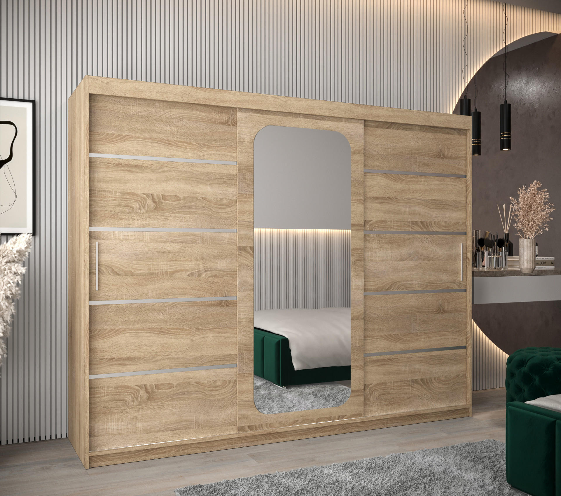 SCHWEBETÜRENSCHRANK 200/250/62 3-türig - Silberfarben/Sonoma Eiche, Holz/Kunststoff (250/200/62cm) - MÖBEL KRYSPOL