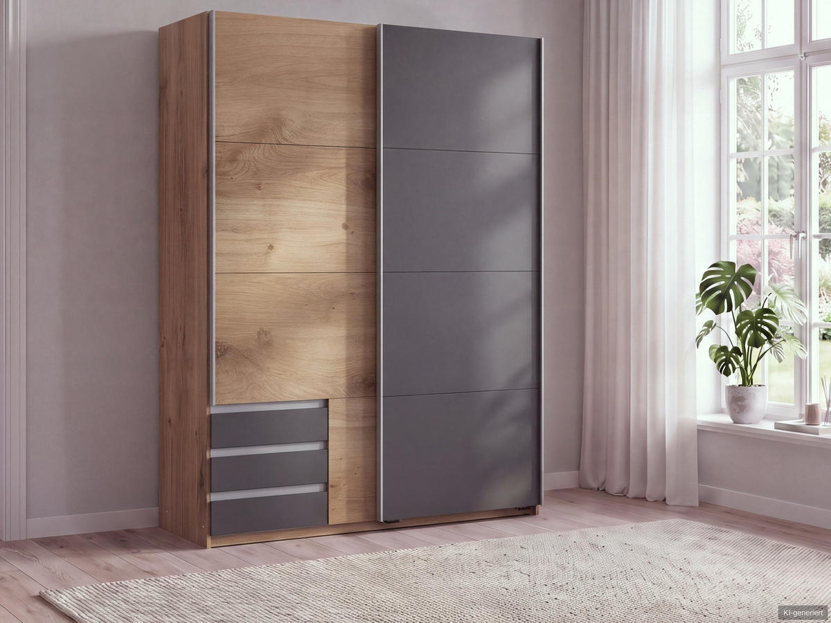 SCHWEBETÜRENSCHRANK 2-türig B135/H198/T65 cm, Kleiderschrank in Eiche Dekor, 1x Tür & sichtbare Schubkästen in Grafit / 22664 - Eichefarben/Alufarben, Holz/Holzwerkstoff (135/198/65cm) - luma-home