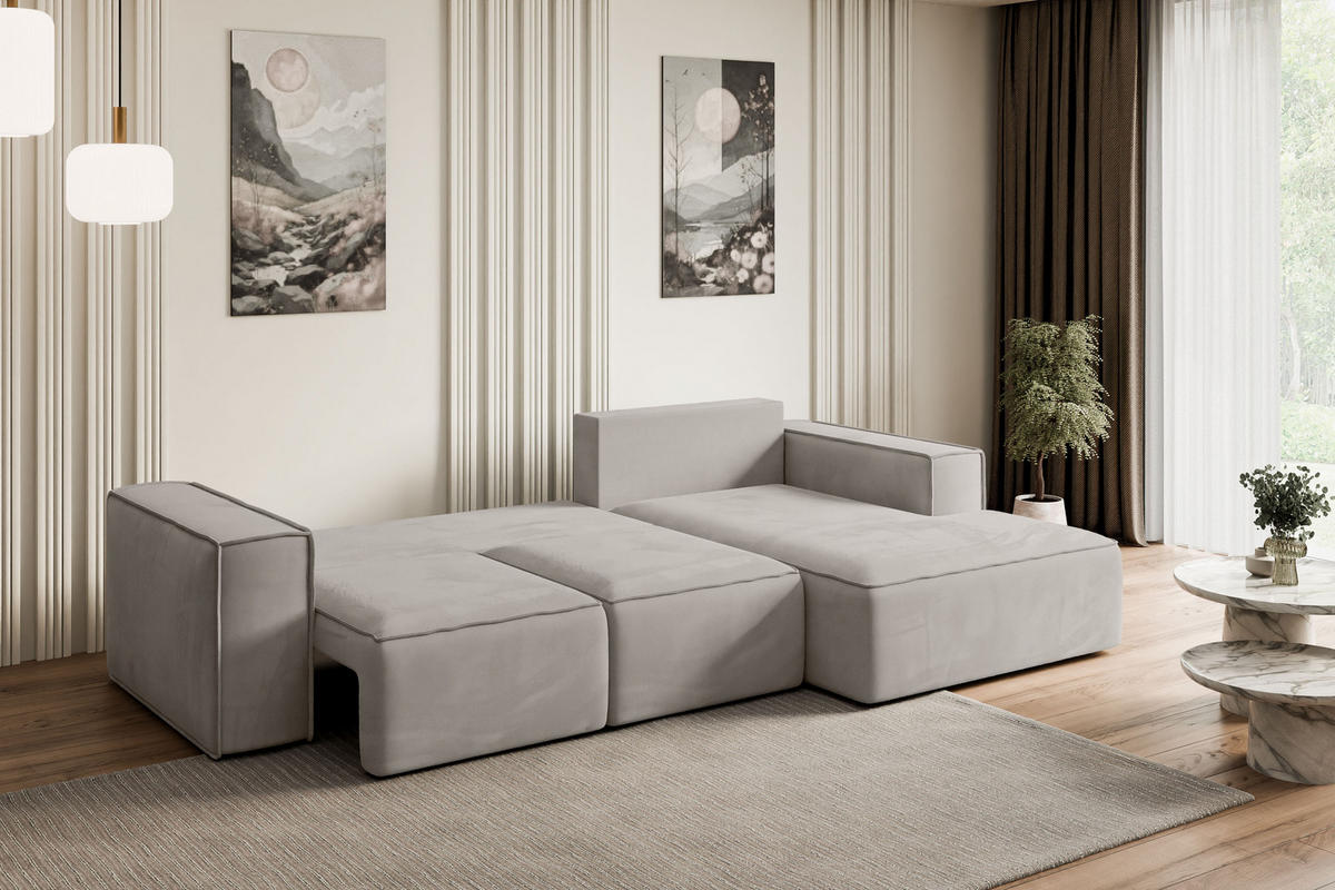 ECKSOFA mit Schlaffunktion und Bettkasten SERRA-L-S - 266x161x87 cm Hellbraun Velours - Hellbraun/Schwarz, Holzwerkstoff/Kunststoff (266/161cm) - ALTDECOR