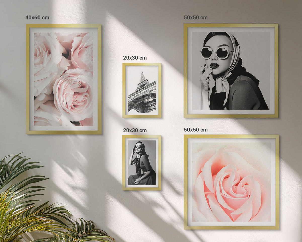 WANDBILDER 5er Set - 50x50 cm & 20x30 cm & 40x60 cm Goldrahmen - Blumen, Pfingstrosen, Rosen, Eleganz - Goldfarben, Kunststoff (40/60cm) - ArtPrintCave