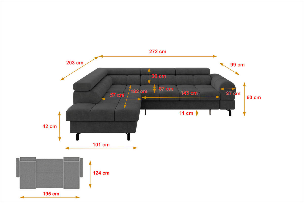 ECKSOFA mit Schlaffunktion Ottomane Links LUMA-L 272x203x70 Dunkelgrau Velours - Dunkelgrau/Schwarz, Holzwerkstoff/Kunststoff (272/203cm) - ALTDECOR