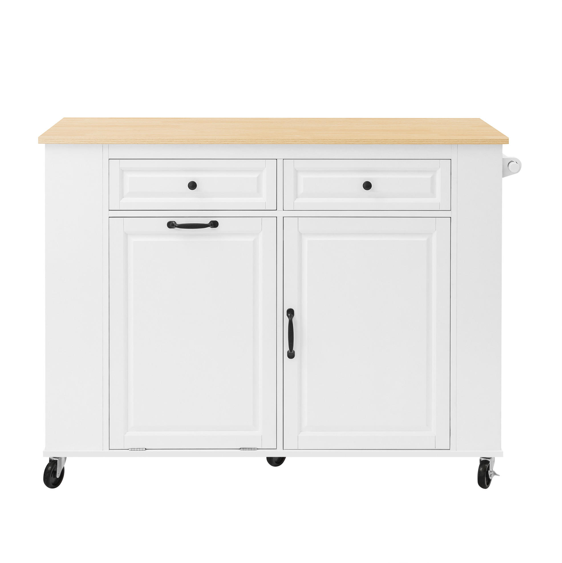 Redom KUCHYŇSKÝ ostrůvek 120/40-70/92 cm s výklopnou pracovní deskou, úložným prostorem, zásuvkami a kolečky, Bílá+Přírodní