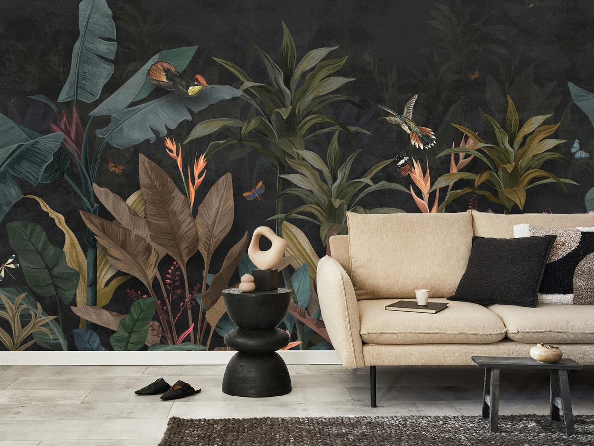 FOTOTAPETA Exotické Palmové Listy Tmavé Pozadie Hmyz Tropická 450 x 315 cm - oranžová/hnedá, papier (450/315cm) - Muralo