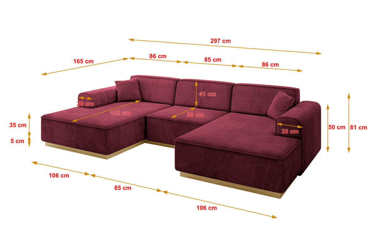 WOHNLANDSCHAFT IREA-U1-v2 - 297x165x81 cm Bordeauxrot - Bordeaux, Holzwerkstoff/Textil (297/81/165cm) - ALTDECOR