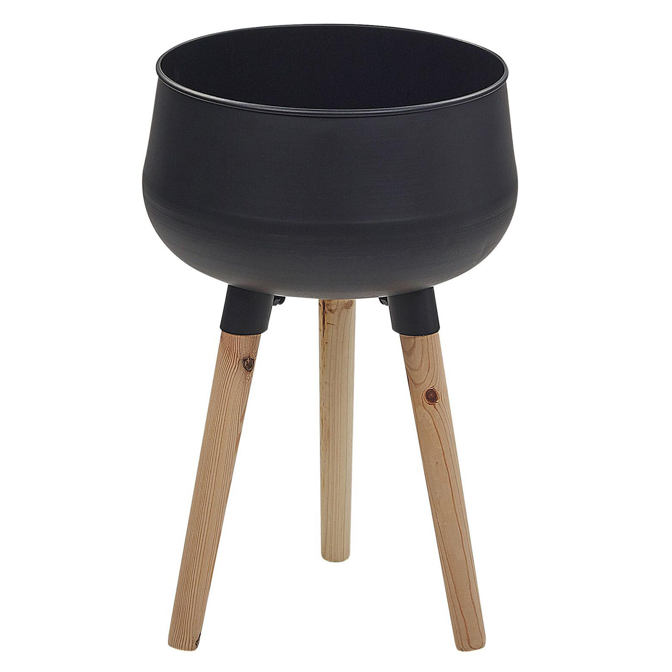 PFLANZENSTÄNDER Metall schwarz mit Holzbeinen 47 cm Agros - Hellbraun/Schwarz, Metall (47cm) - Beliani