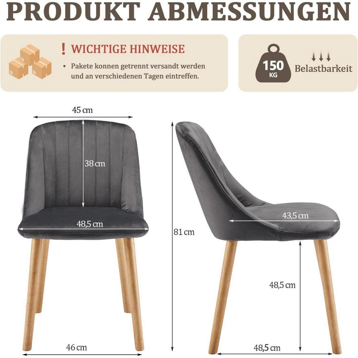 ESSZIMMERSTÜHLE 6er Set Samt Dunkelgrau - Anthrazit, Textil (48.5/81/43.5cm)