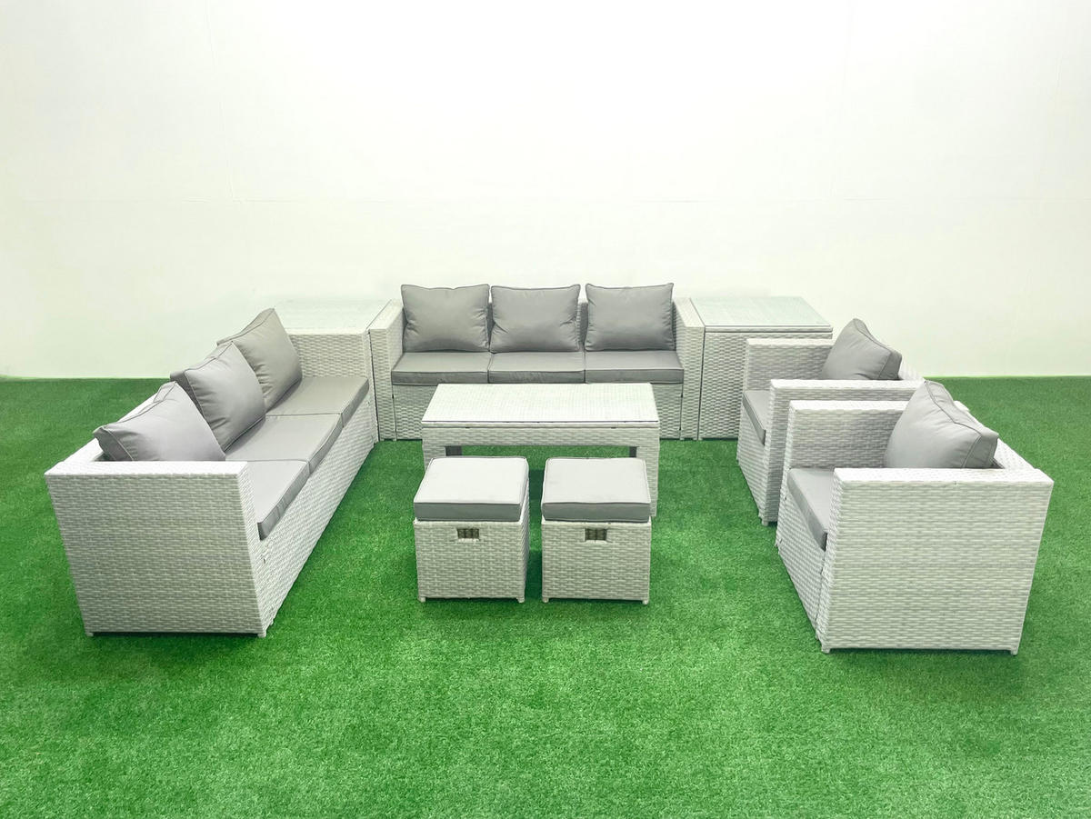 GARTENSOFA hohe Rückenlehne Polyrattan Hellgrau-Mix 10-Sitzer - Hellgrau/Grau, Glas/Kunststoff - Fimous