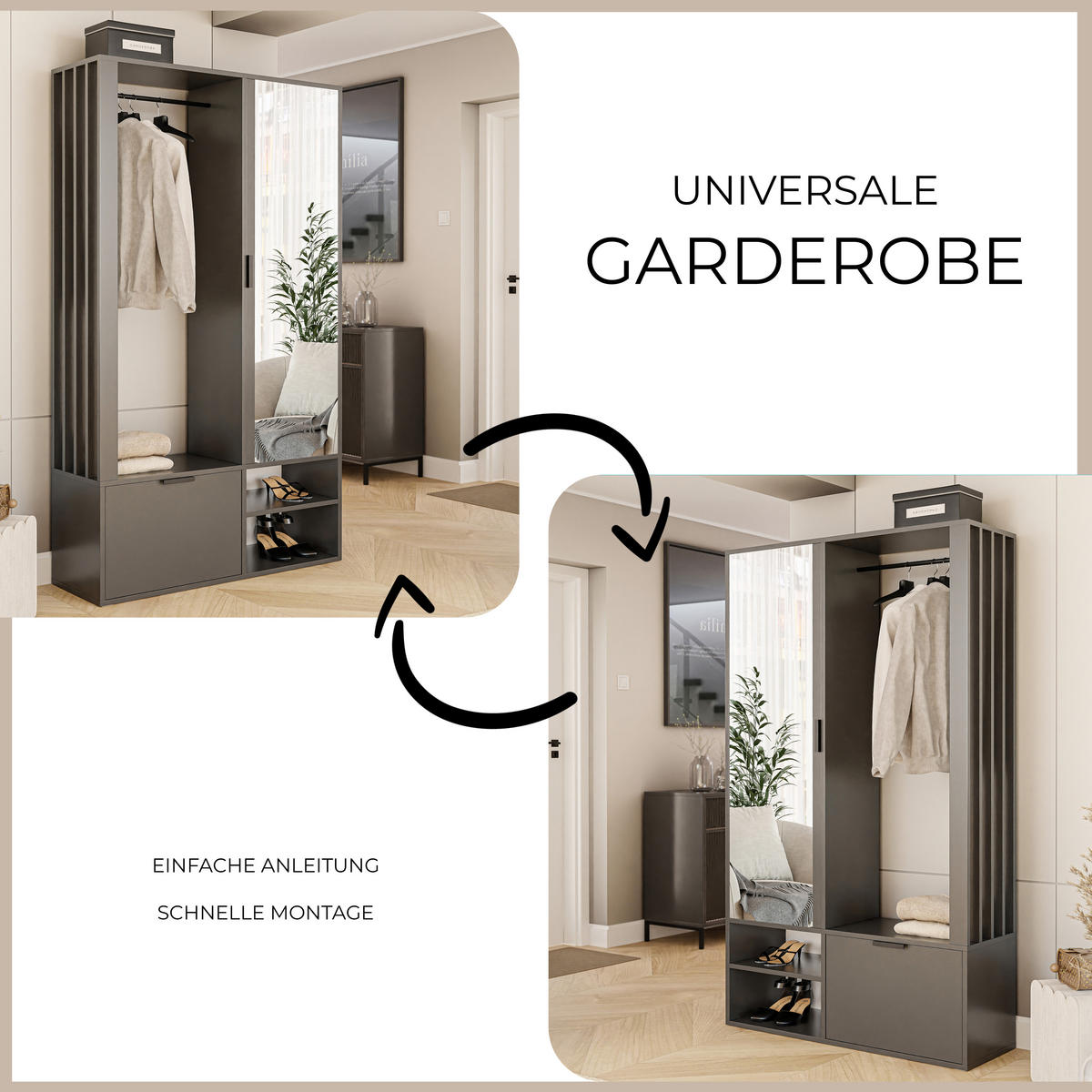 GARDEROBENSCHRANK mit Spiegel-mit Ablagen und Kleiderstange - Grau, Holzwerkstoff (100/190/33cm) - Idohome