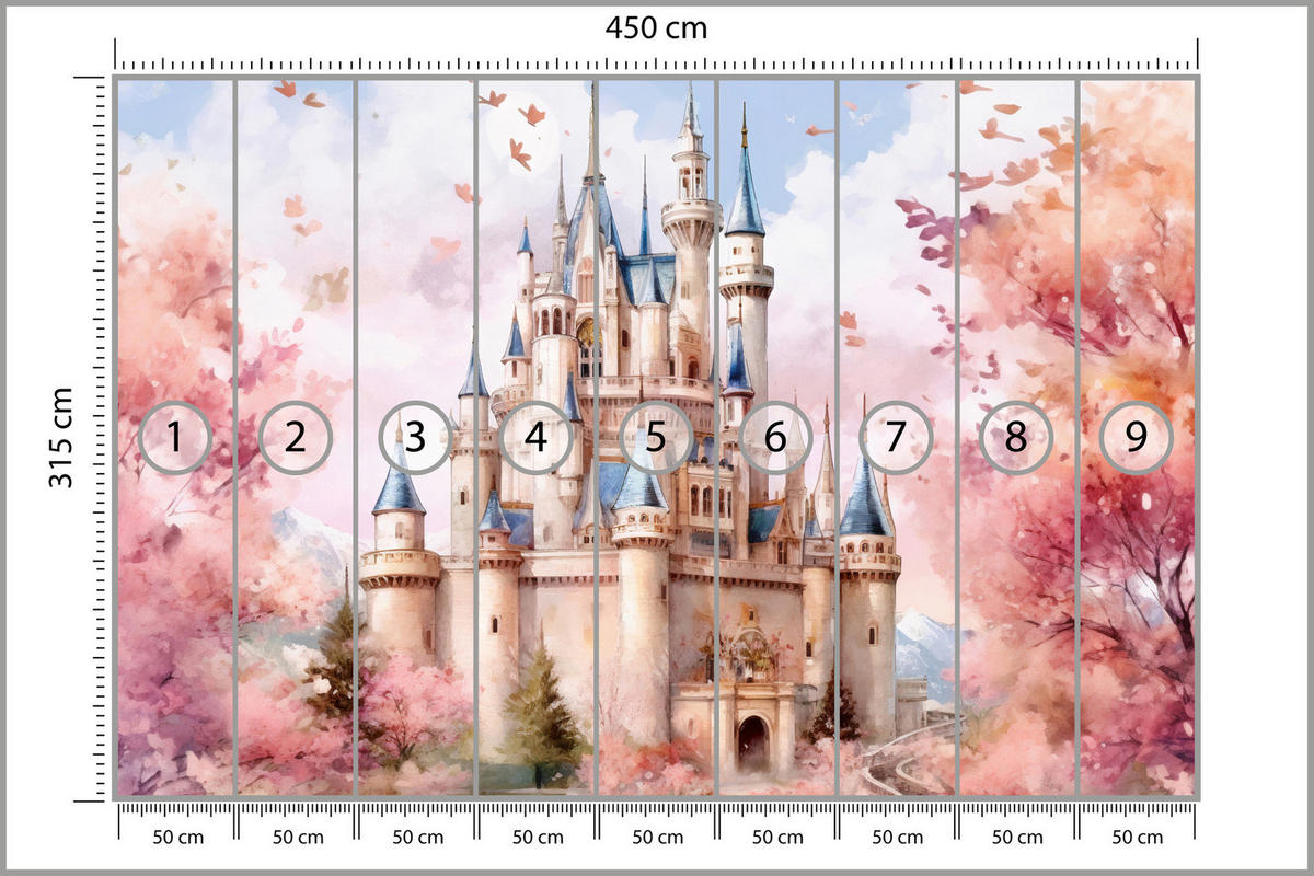 FOTOTAPETE für Kinderzimmer Märchenschloss Aquarell 450x315 - Blau/Violett, Papier (450/315cm) - Muralo