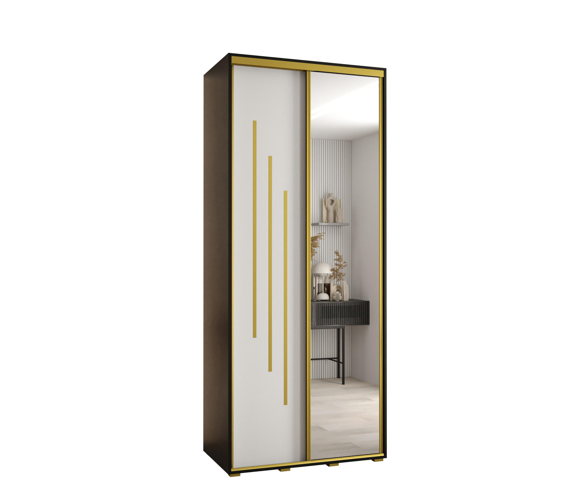 Abiks Möbel Schwebetürenschrank Schwarz, Weiß, Gold 120x235x45 cm