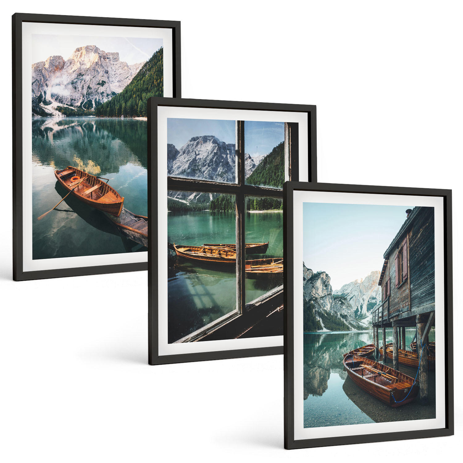 BILDER SET 3er Set - 40x60 cm Schwarzer Rahmen - Bootshaus am Bergsee - Schwarz, Kunststoff (40/60cm) - TULUP