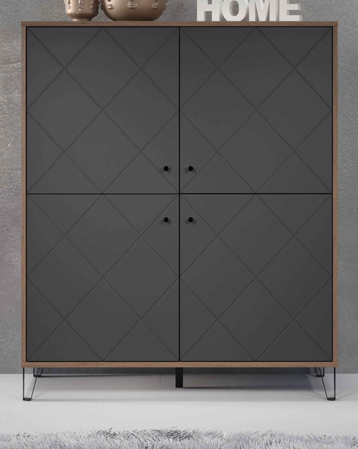 HIGHBOARD Graphite grau, Eiche Kraft Gold 123 x 136 cm, Kommode für Wohn- und Esszimmer - Eichefarben/Schwarz, Holzwerkstoff/Kunststoff (123/136/40cm) - Top.Furn