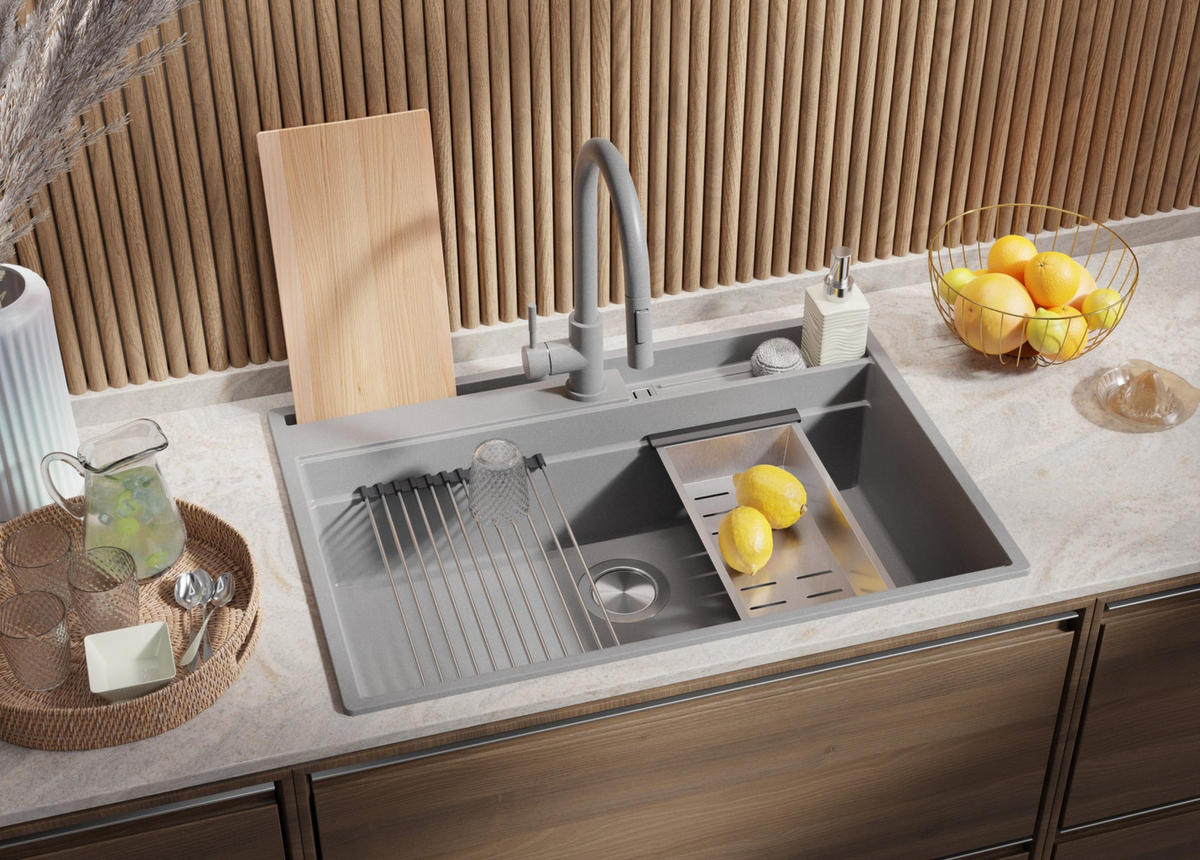 SPÜLBECKEN Oslo Pocket, 2-er set Grau 78/53 cm 1 Becken + Ablauf-Set + Küchenzubehörset ab 80er Unterschrank - Chromfarben/Beige, Kunststoff (78/20/53cm) - Primagran