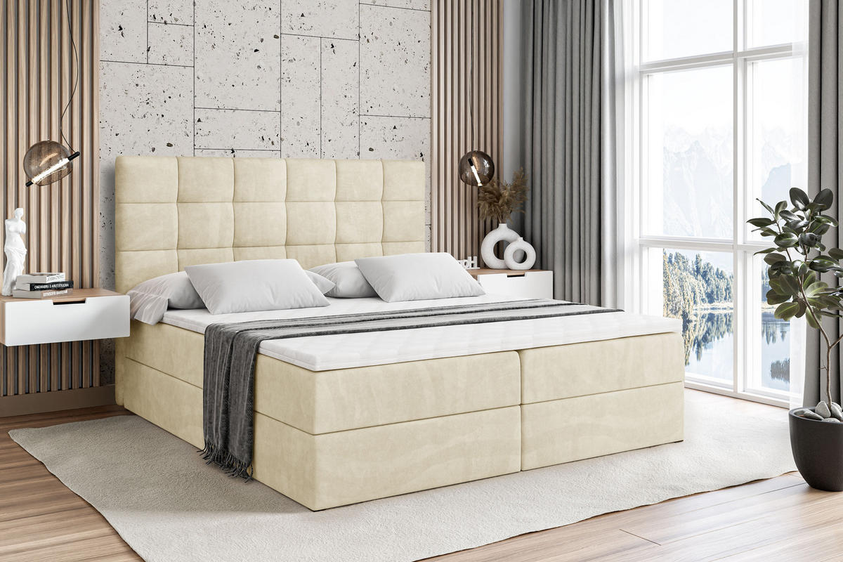 BOXBETT mit H4-Matratze und Lattenrost - BRUGO - 200x200 Beige - Beige, Holzwerkstoff (200/200cm) - ALTDECOR