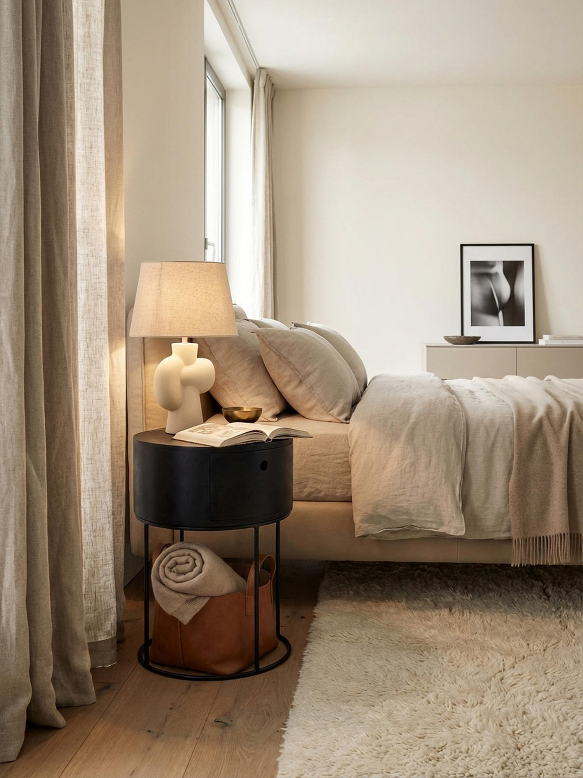 NACHTKONSOLE Massivholz mit Schublade rund Modern Schwarz - Schwarz, Holz/Metall (40/60/40cm) - KADIMA DESIGN