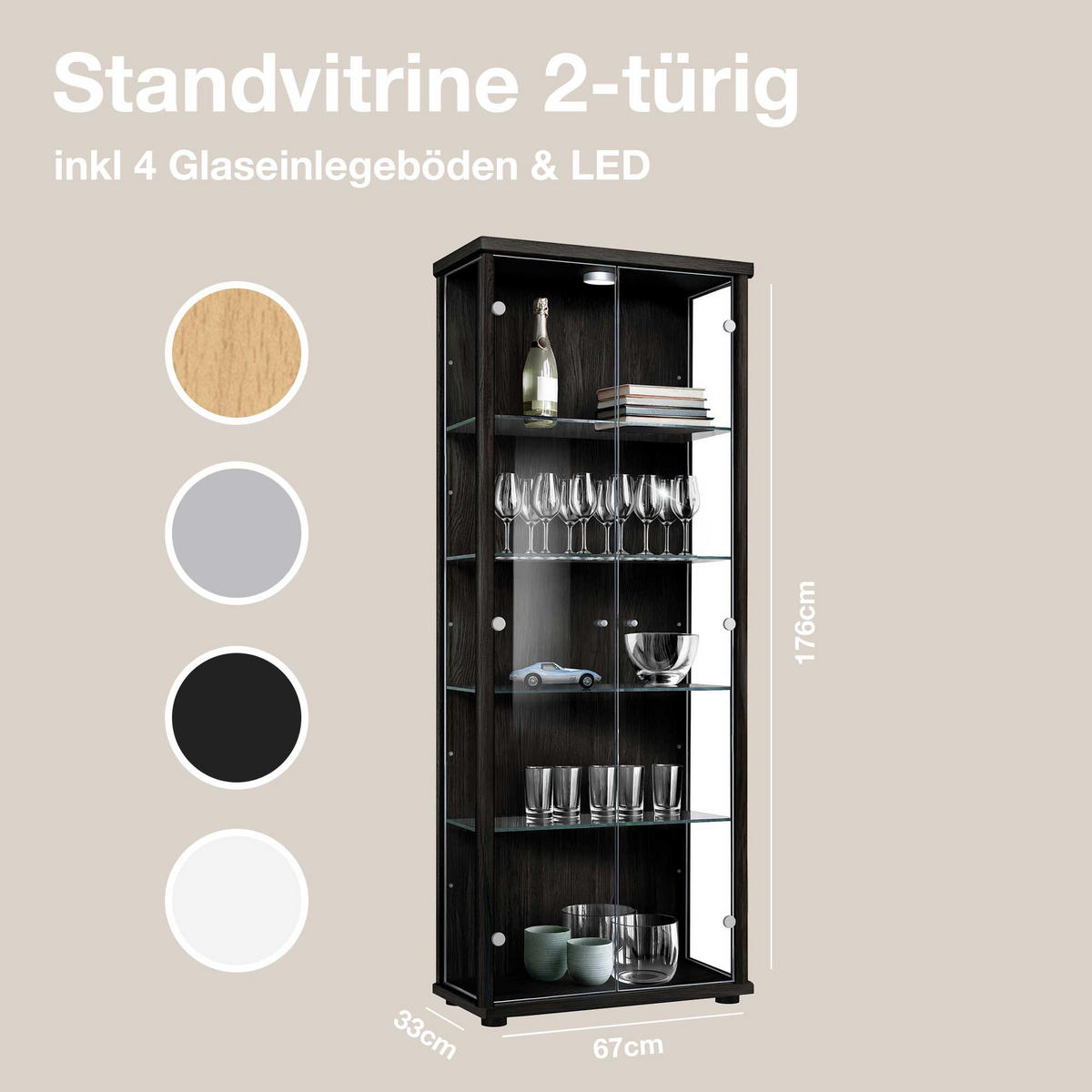 GLASVITRINE 33/67/176 cm mit LED & 4 höhenverstellbaren Glasböden - Transparent/Silberfarben, Glas/Holzwerkstoff (67/176/33cm) - K-Möbel