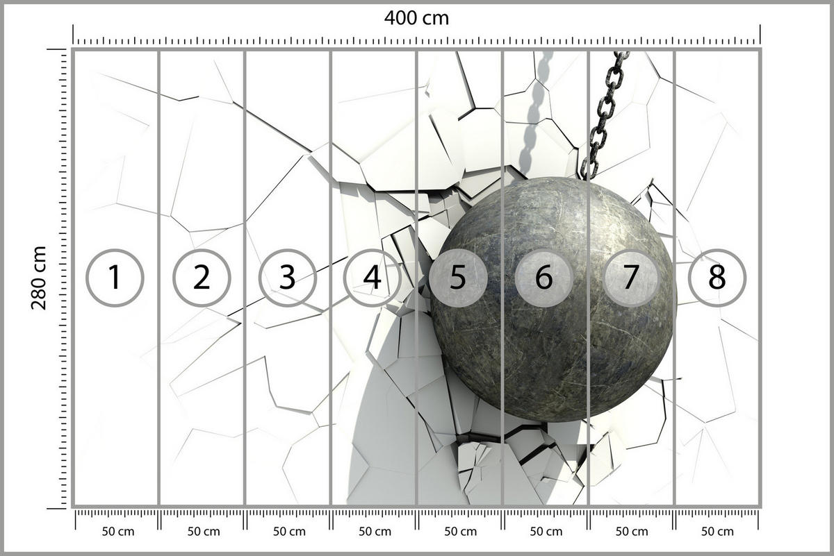 FOTOTAPETA Pre Kanceláriu Kovová Guľa Trhlina Biela Stena 400 x 280 cm - sivá/biela, papier (400/280cm) - Muralo