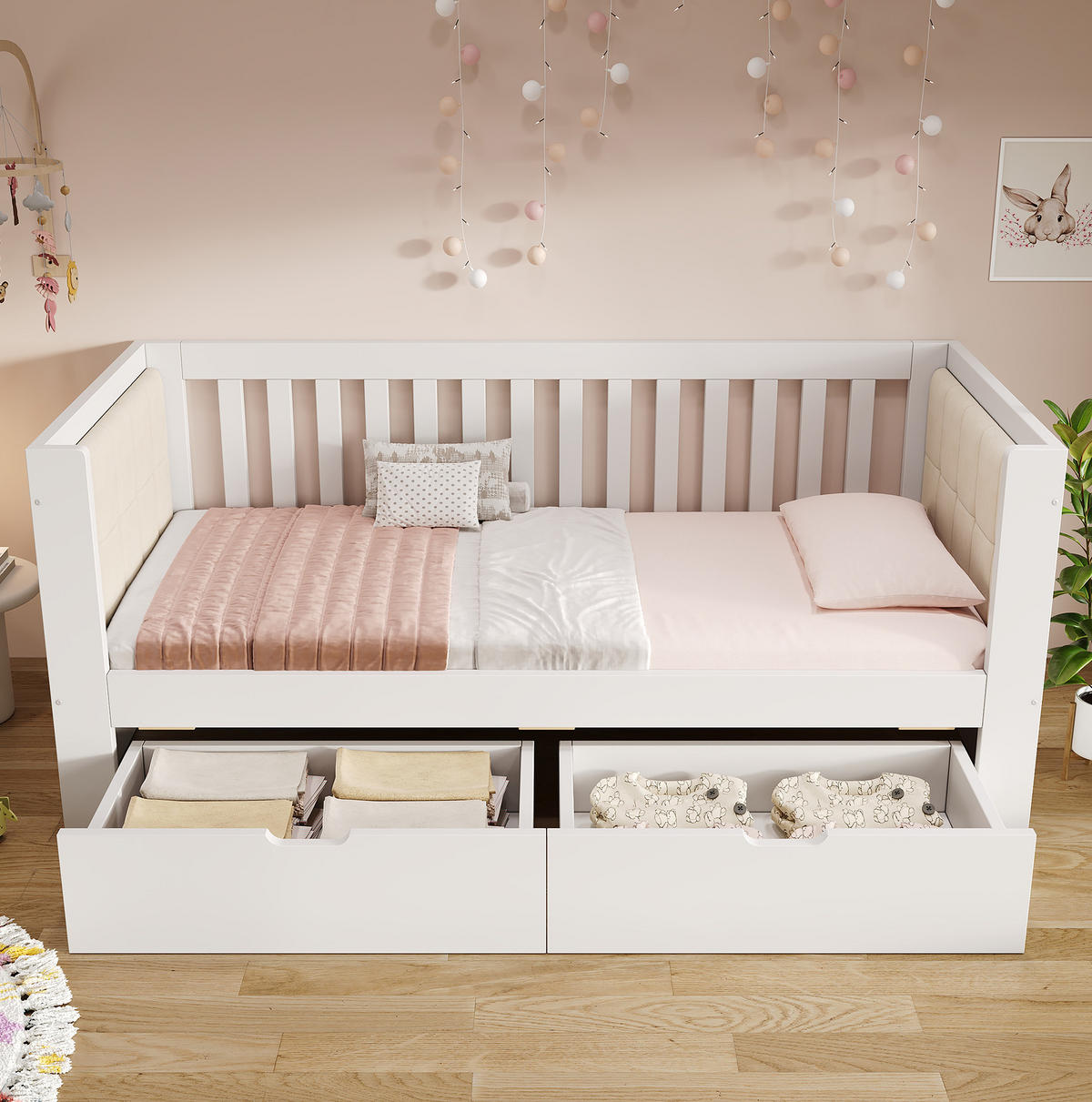JEDNOLÔŽKOVÁ posteľ 90/190 cm biela s 2 zásuvkami z borovicového dreva s čalúnenou opierkou - biela, textil (90/190cm) - OKWISH