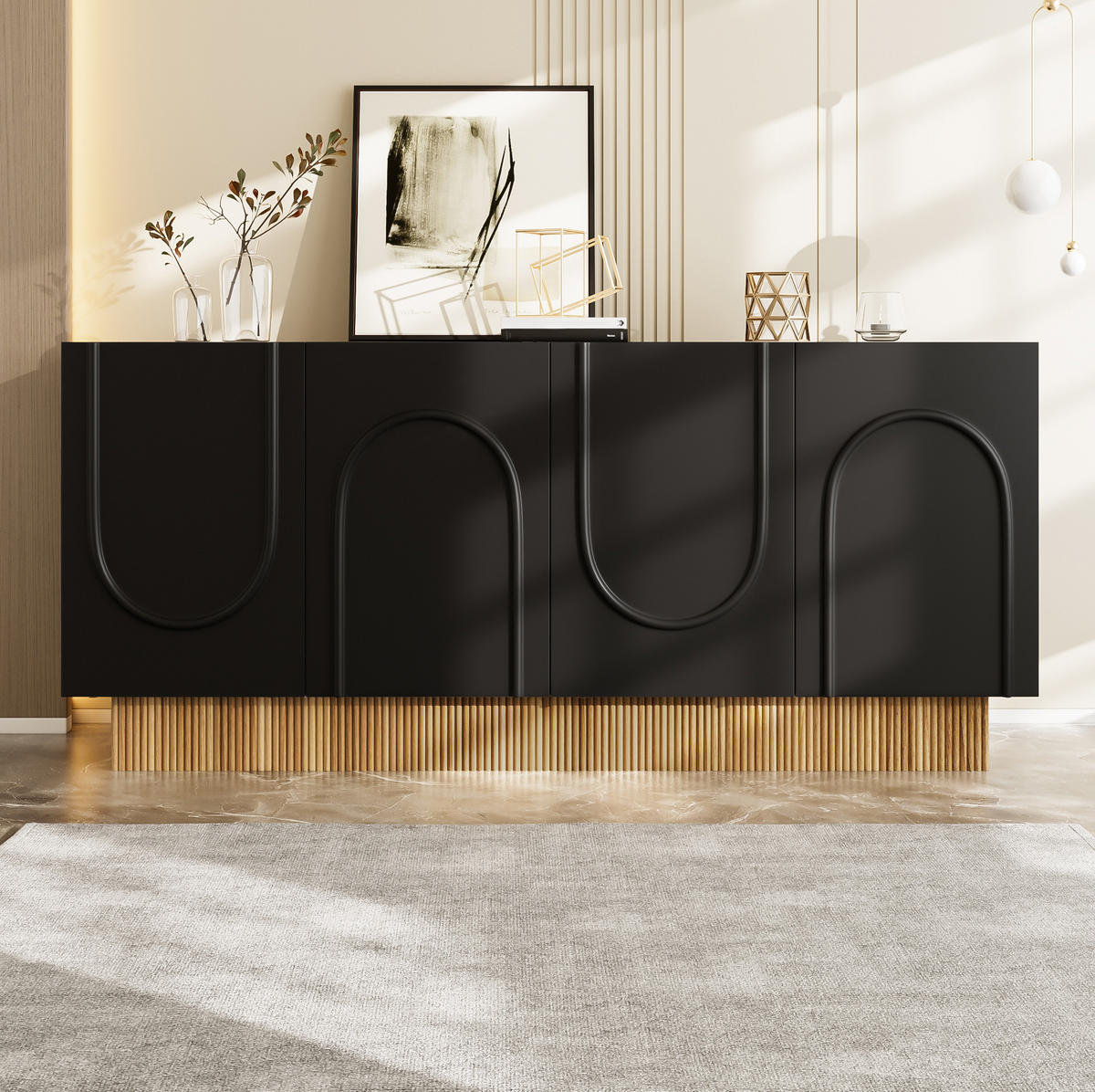 KOMMODE 160/38/75 cm aus Spanplatte mit 4 Türen und U-Relief Schwarz (Holzoptik) - Schwarz, Holzwerkstoff (160/75/38cm) - Modenvie