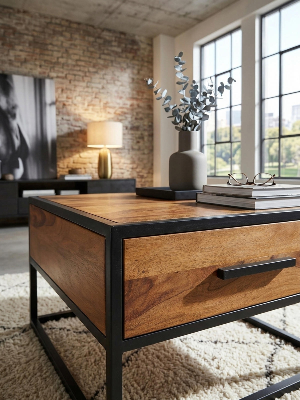 COUCHTISCH Industriestil, Metall und Holz, mit Schublade, 50 kg Tragkraft - Schwarz/Braun, Holz/Metall (65/65/38cm) - KADIMA DESIGN