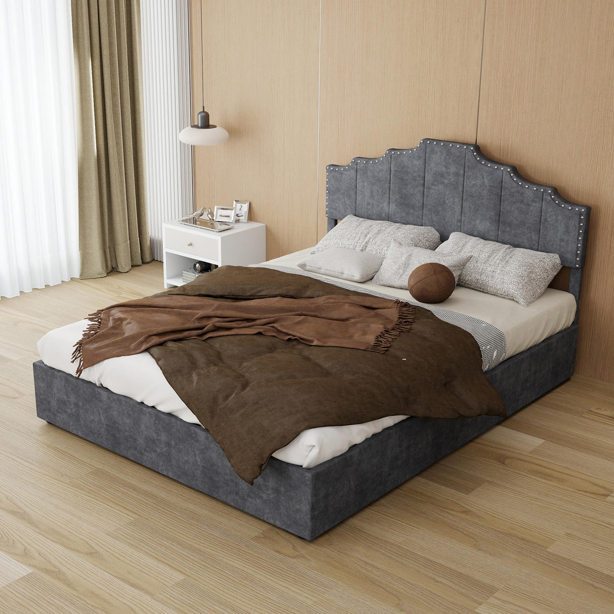 POLSTERBETT 140/200 cm in Grau Stoff mit Matratze und Kopfteil im geometrischen Design - Grau, Holzwerkstoff/Textil (140/200cm) - STILVORA