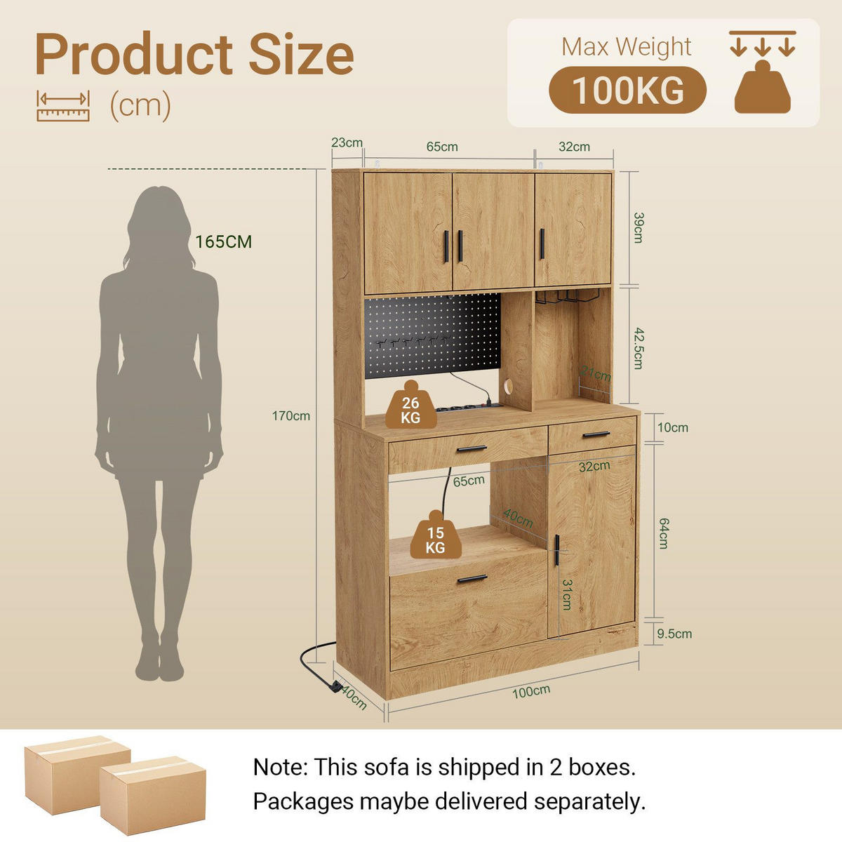 KUCHYŇSKÁ skříňka s úložným prostorem a zásuvkami - přírodní, kompozitní dřevo (100/170/40cm) - SoBuy