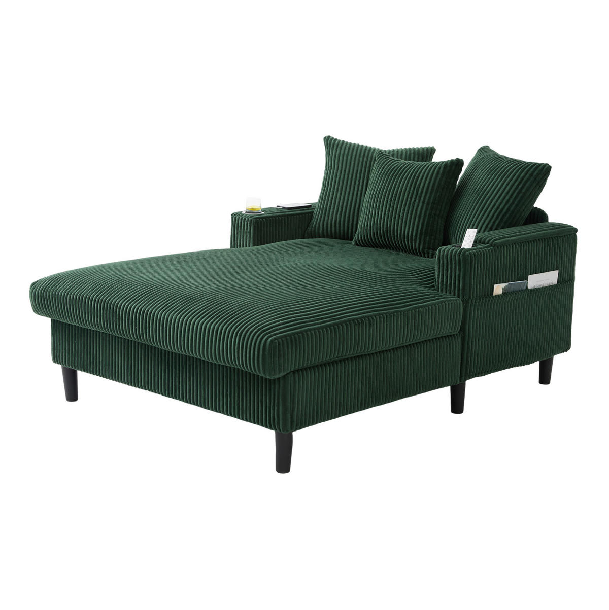 CHAISELONGUE 170/129/70 cm aus Cord mit LED-Beleuchtung, USB-Anschluss, Stauraum und 2 Becherhaltern, Smaragdgrün - Smaragdgrün, Textil (170/70/129cm) - Redom