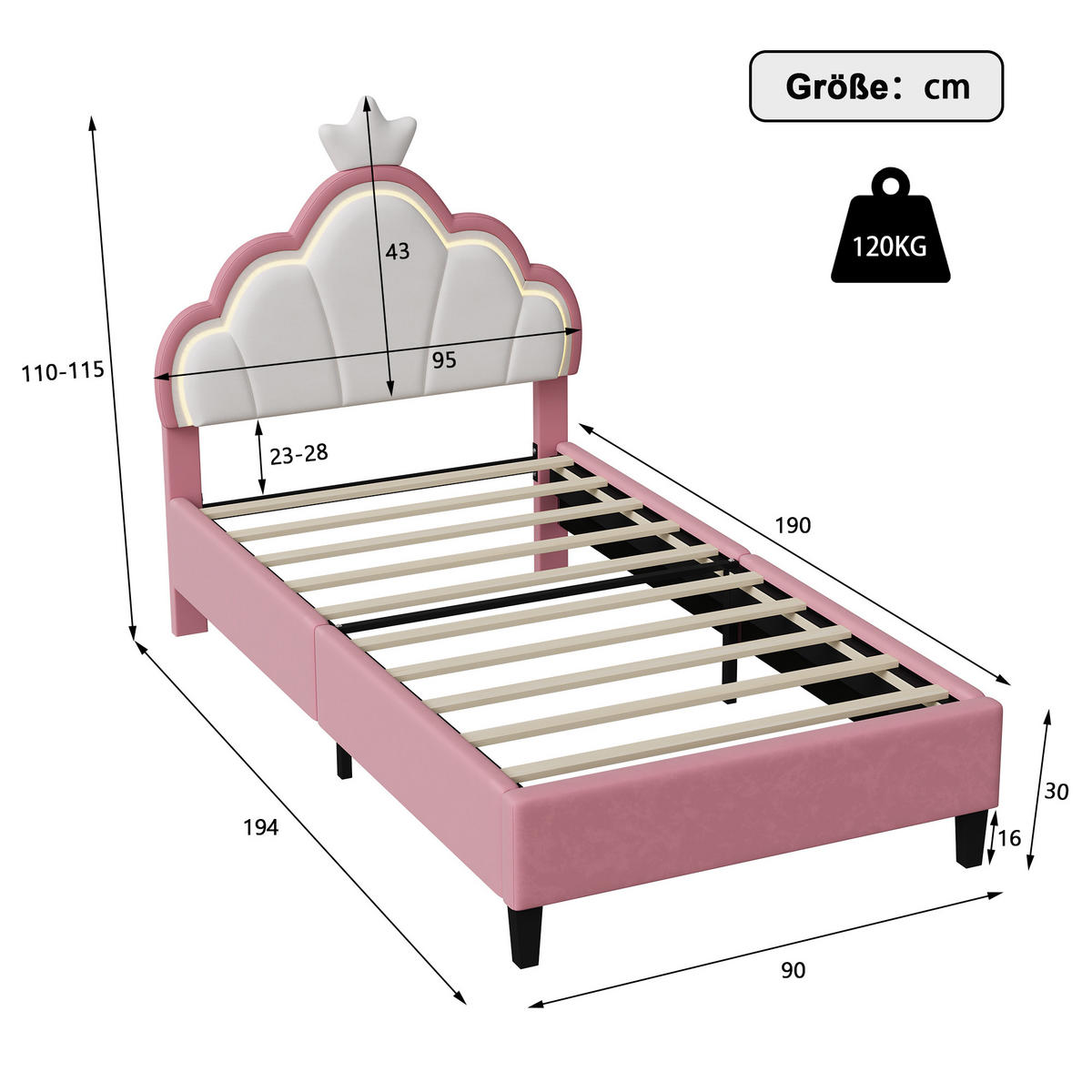 POLSTERBETT 90x190 cm mit höhenverstellbarem Kopfteil & RGB-LED – Kinderbett Bettgestell für Mädchen, Samt, Rosa - Pink, Holz/Metall (90/190cm) - BursDany
