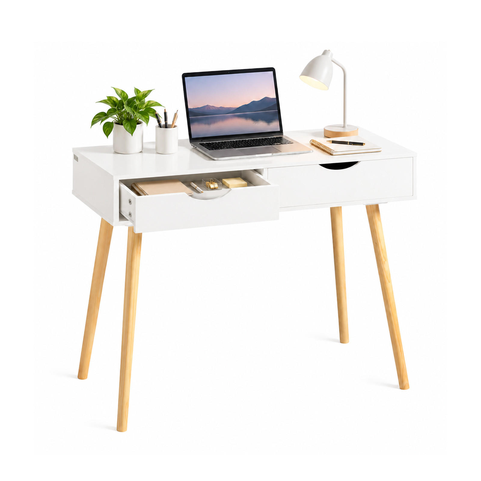 BIROU modern cu două sertare și picioare din lemn - alb, compozit lemnos/lemn (45/90/77cm) - SoBuy