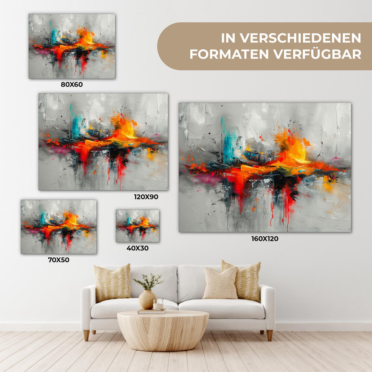 LEINWANDBILD Moderne Kunst - Orange - Grau - Abstrakt Wandbilder 80x60 cm - Hellgrau, Textil (80/60cm) - MuchoWow