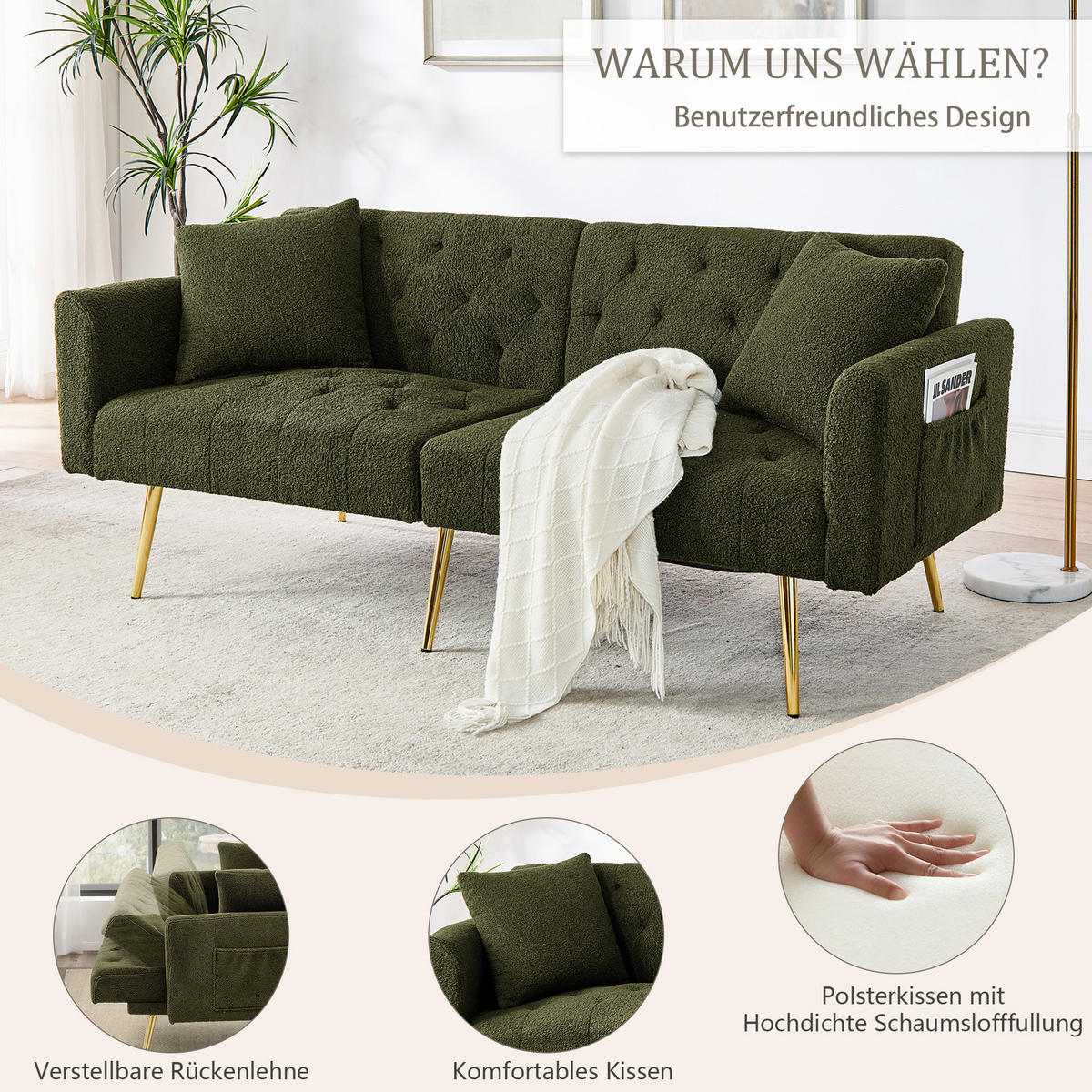 SCHLAFSOFA 177/78/74 cm in Green Teddyfell mit Aufbewahrungstasche - Grün, Textil (177/74/78cm) - Oxeza