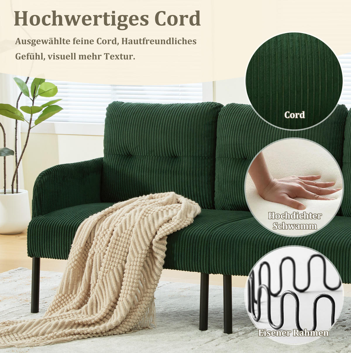 3-SITZER-SOFA 171/72/80 cm aus Cord mit Seitentasche Smaragdgrün - Smaragdgrün, Textil (72/80/171cm) - Modenvie