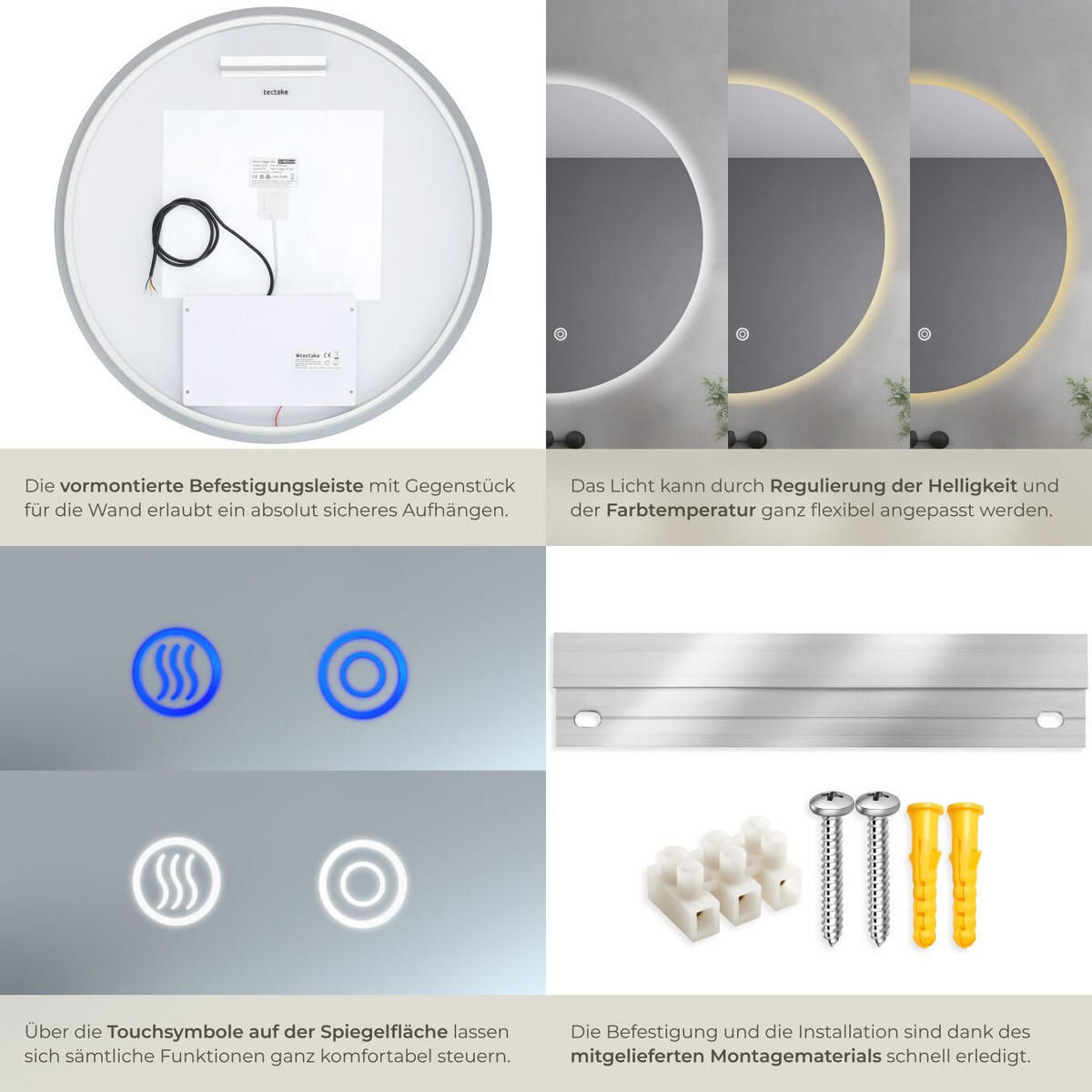 LED-BADEZIMMERSPIEGEL rund Aurora,inklusive Spiegelheizung,weiß - Weiß, Glas (60/60/3.5cm) - tectake