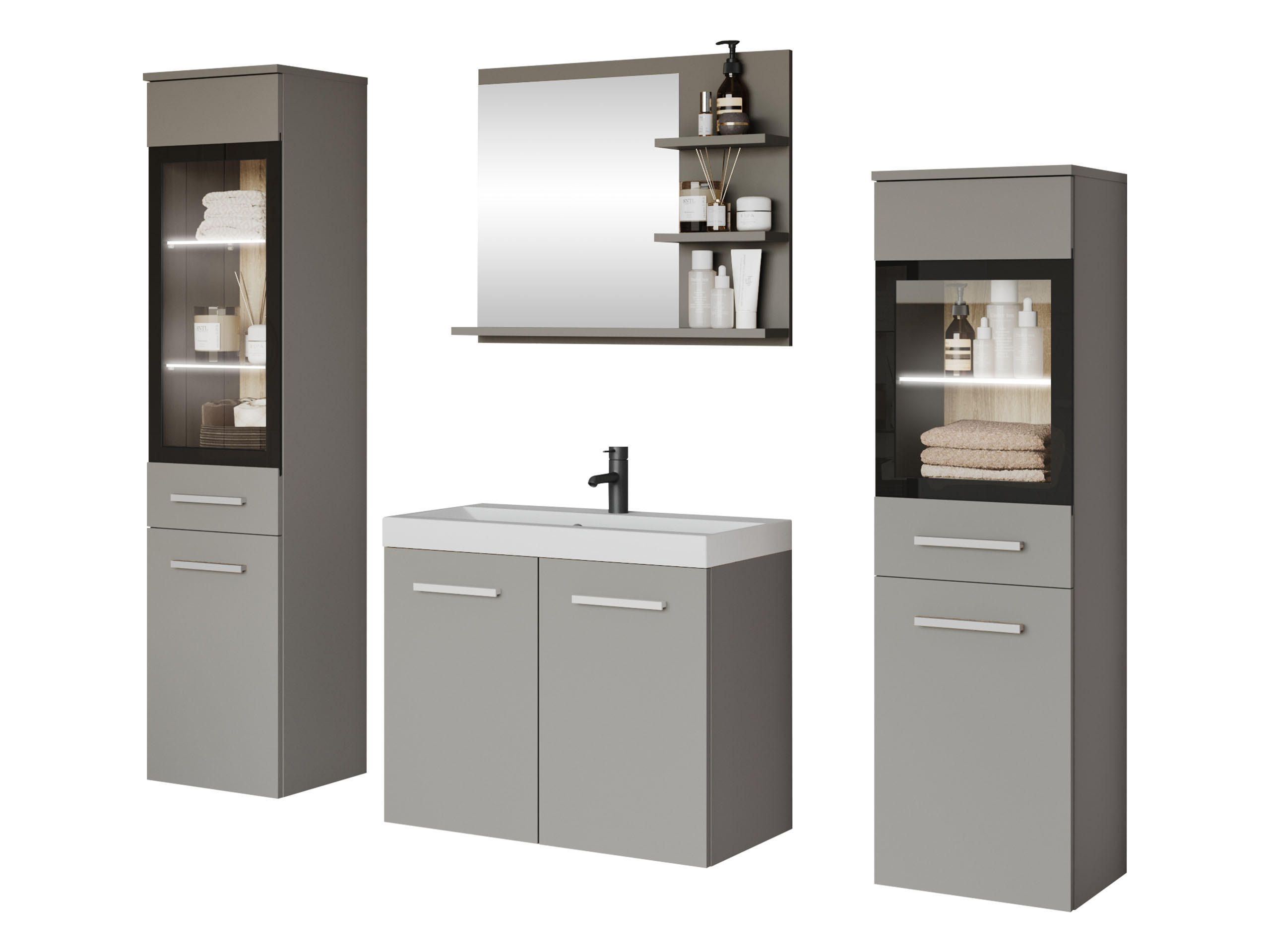 BADMÖBEL-SET Madrit I mit weißer LED Beleuchtung - Grau, Holzwerkstoff (30/132/30cm) - MIRJAN24