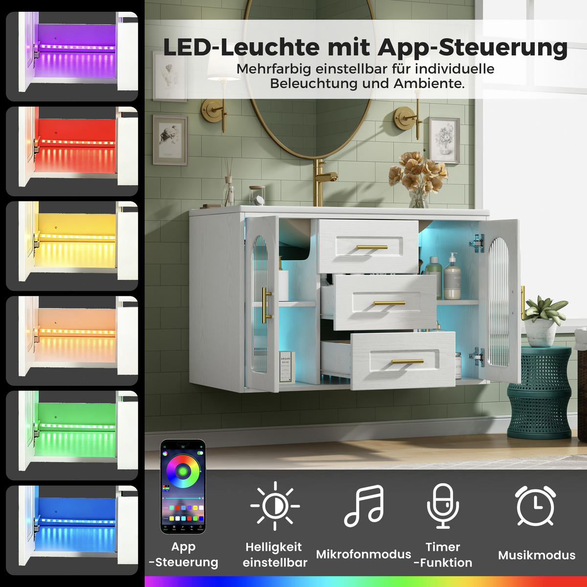 BADEZIMMERSCHRANK Wandmontiert Waschbecken LED Glasfront 76cm - Weiß, Glas (76/55/46cm) - FLIEKS