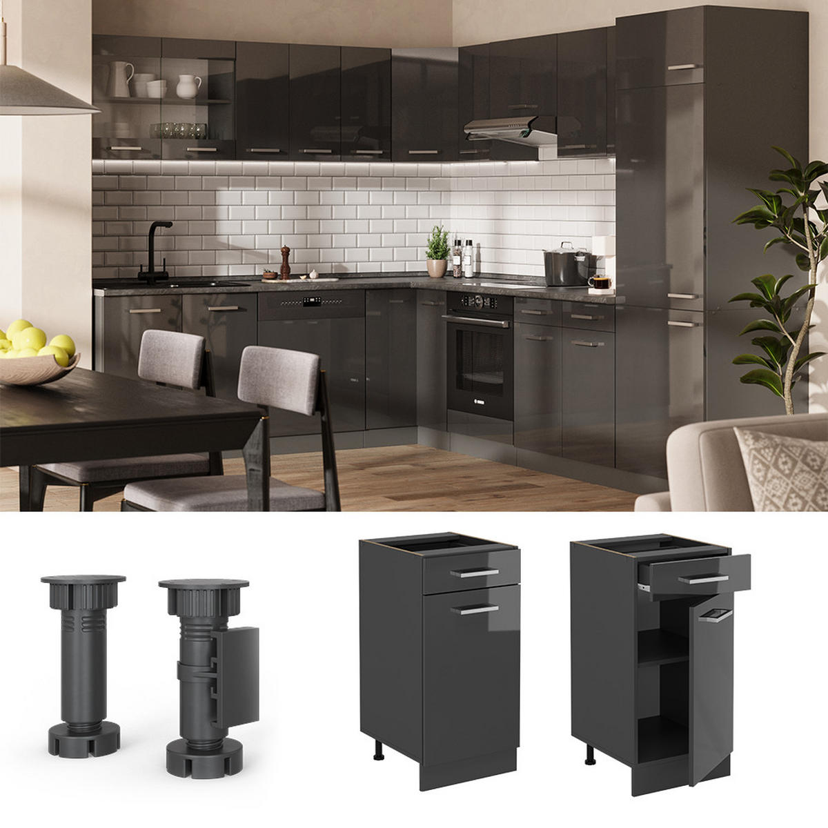 KÜCHENUNTERSCHRANK R-Line Anthrazit Hochglanz 40 cm ohne Arbeitsplatte - Schwarz Hochglanz/Anthrazit, Holzwerkstoff (40/81.6/46cm) - Vicco