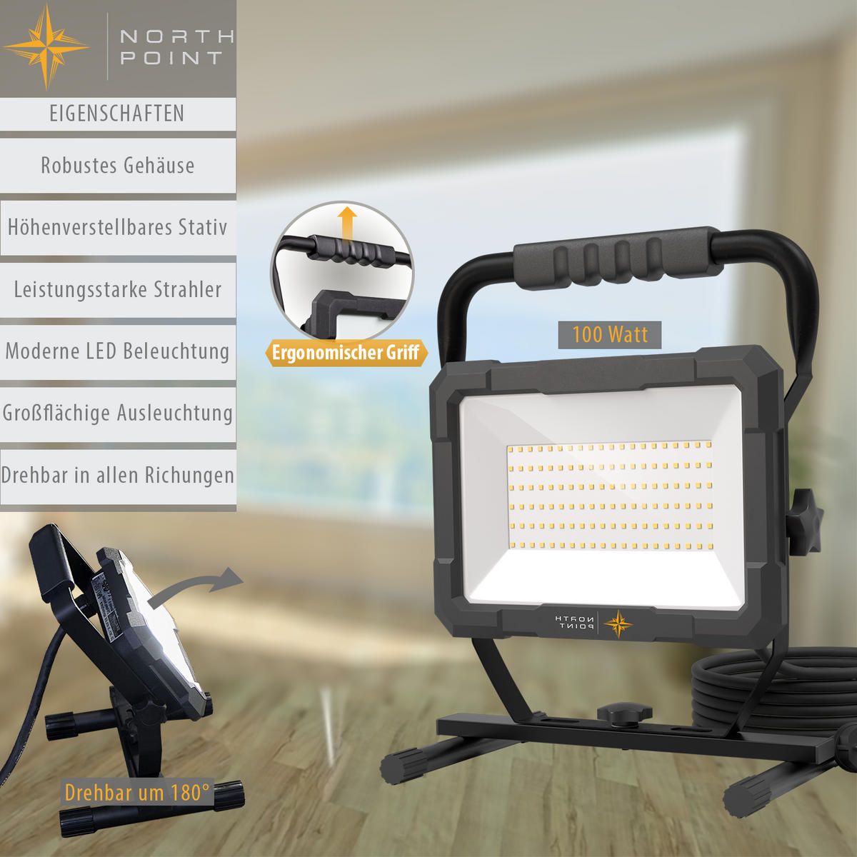 LED-BAUSTRAHLER mit Standfuß - 100W für Innen und Außen, spritzwassergeschützt, 2er-Set - Schwarz, Metall (18.3/28.7/36.8cm) - Northpoint