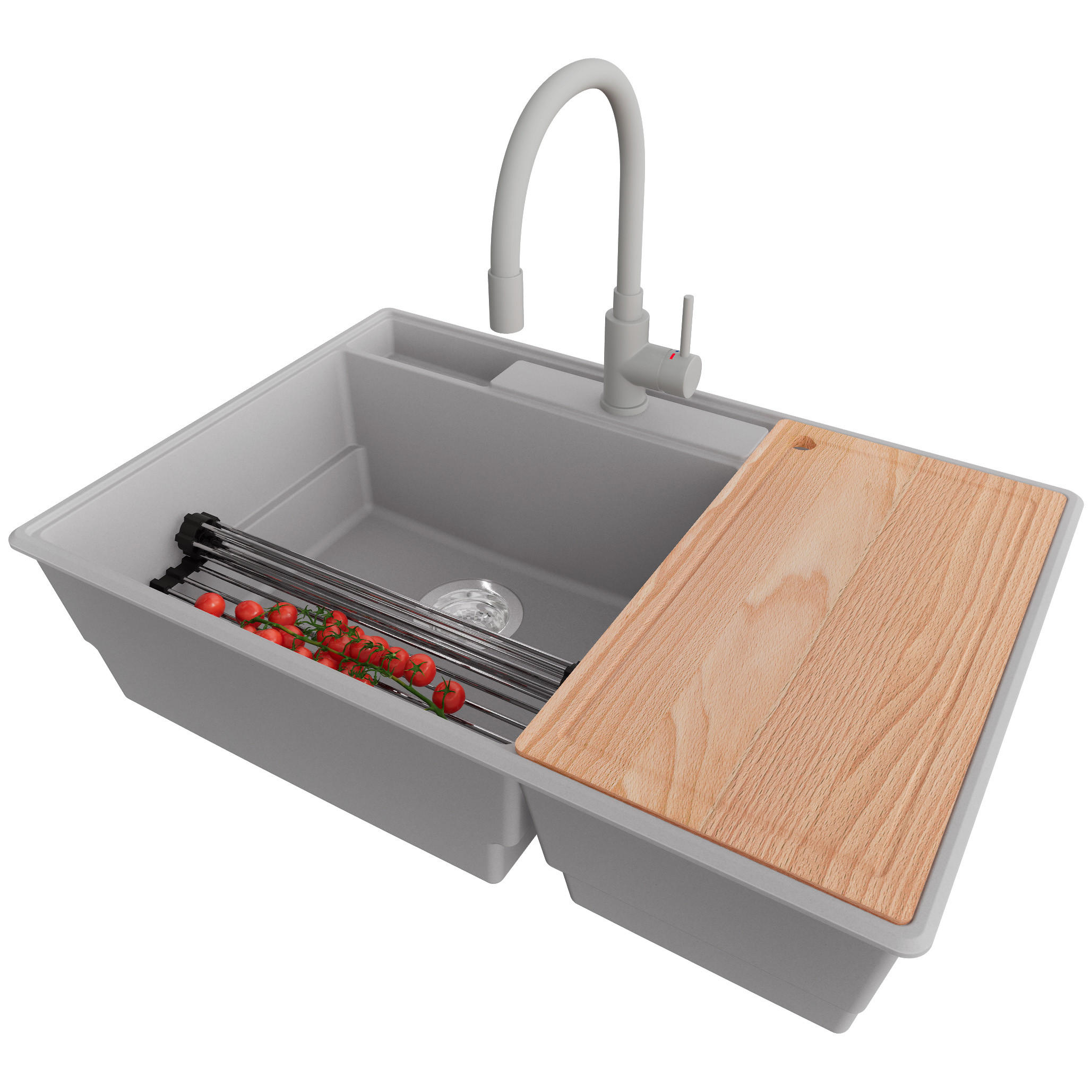 GRANITSPÜLE Paris, 2-er set Grau 78/53 cm 2 Becken + Küchenarmatur 38/14 cm + Ablauf-Set + Küchenzubehörset ab 80er Unterschrank - Chromfarben/Edelstahlfarben, Kunststoff (78/20/53cm) - Primagran