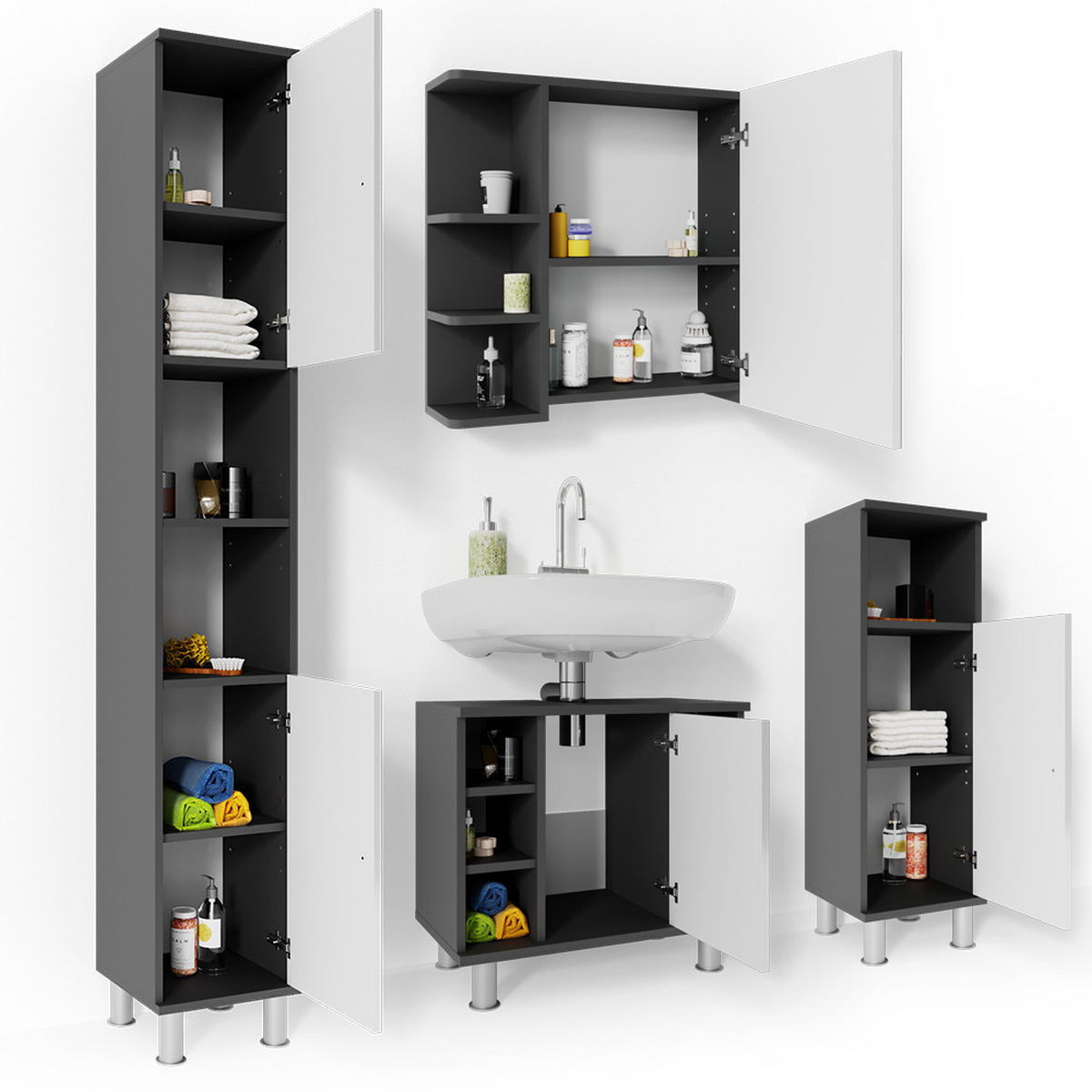 BADMÖBEL-SET Fynn Anthrazit 4 Teile - Weiß Hochglanz/Anthrazit, Holzwerkstoff (60/54/32cm) - Vicco