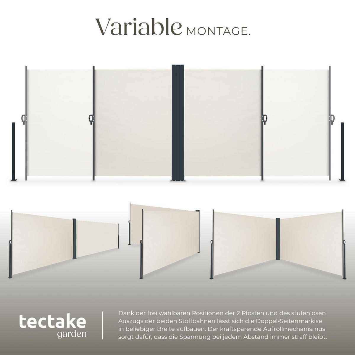 DOPPEL-SEITENMARKISE , ausziehbar, mit Aufrollmechanismus, beige - Beige, Textil (600/200/9cm) - tectake